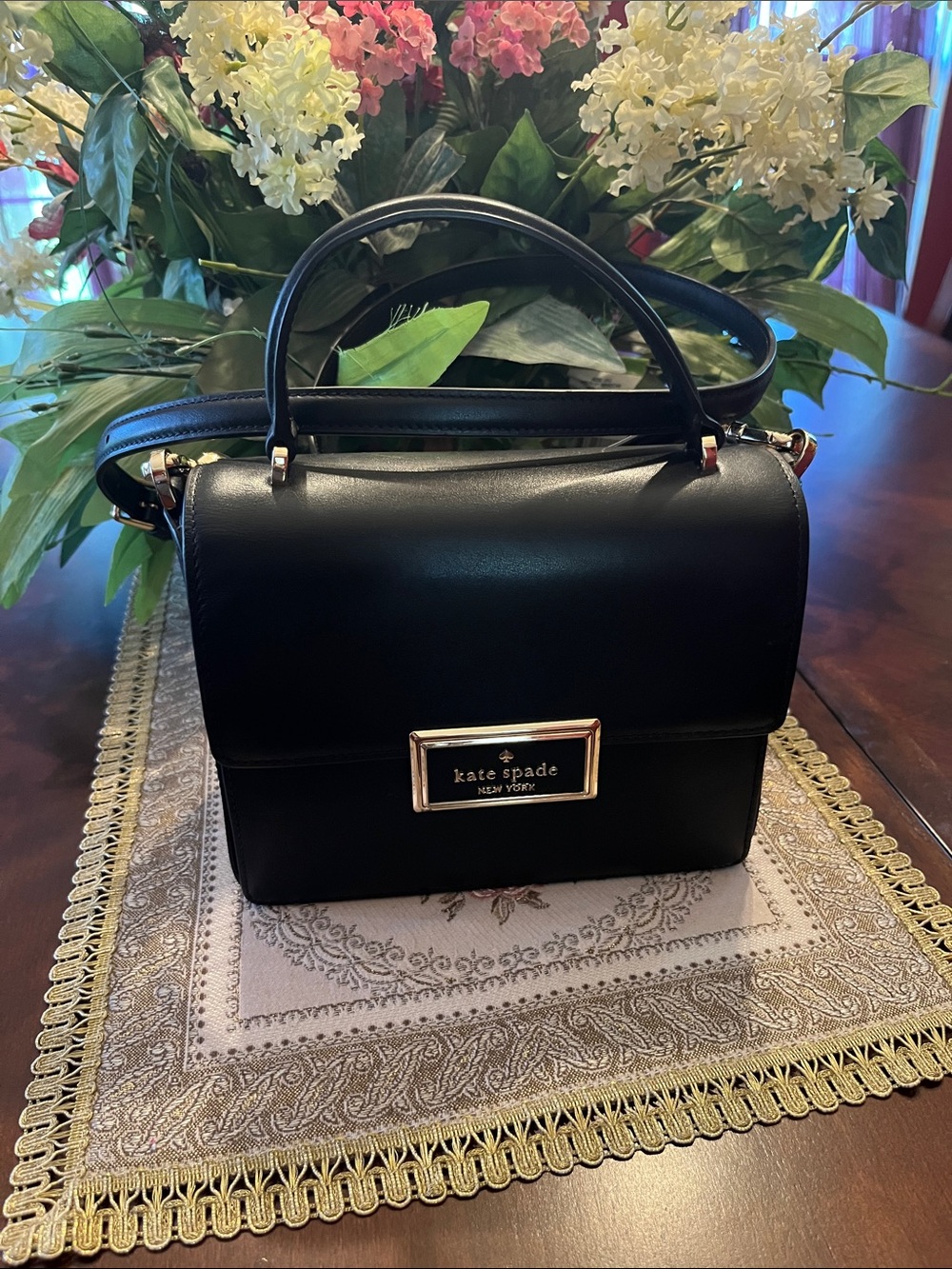 kate spade Black Leather Top-Handle Satchel with Gold Hardware